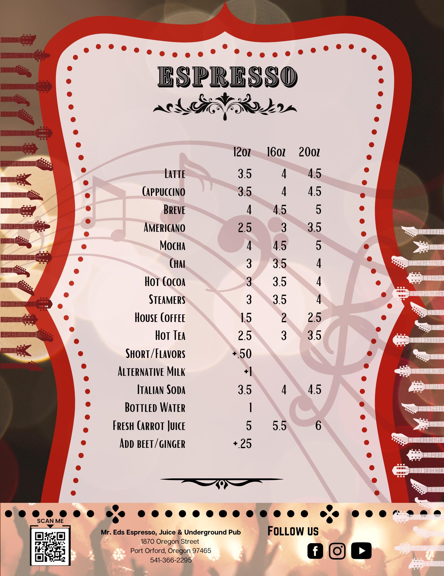 Espresso Menu at Mr. Ed's Espresso, Juice, and Underground Pub in Port Orford, Oregon