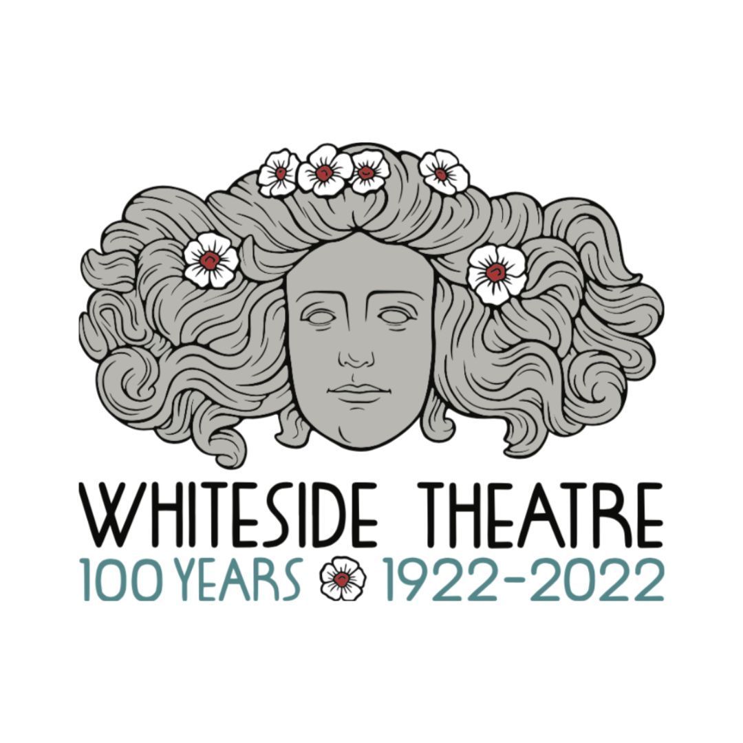 Cartoon graphic of woman with flowing hair, daisies in hair, Whiteside Theatre, 100 Years, 1922-2022