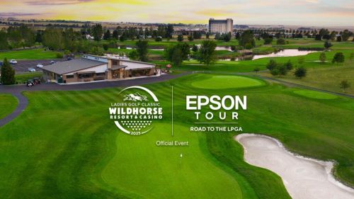 Wildhorse Ladies Golf Classic with Epson Tour logo with an aerial view of the Wildhorse Golf Course in the background