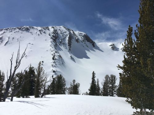 a snow-covered plain with a steep snow-covered couloir in the background