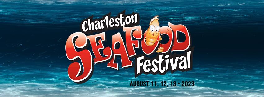Red and white lettering on shades of blue water, festival logo