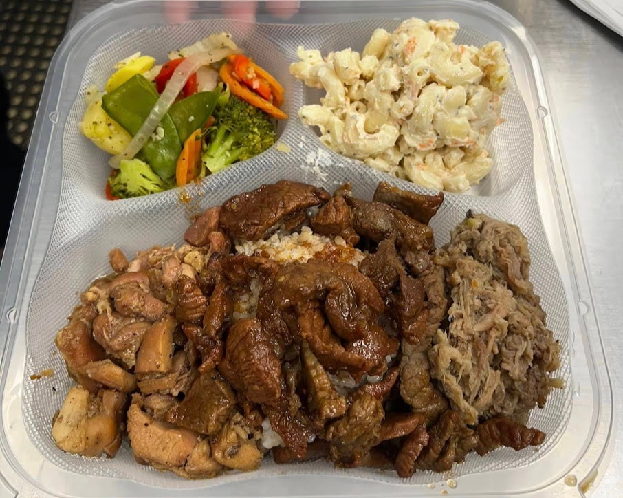 huli chicken kahlua pork,  teriyaki beef over rice with mac salad and island veggies