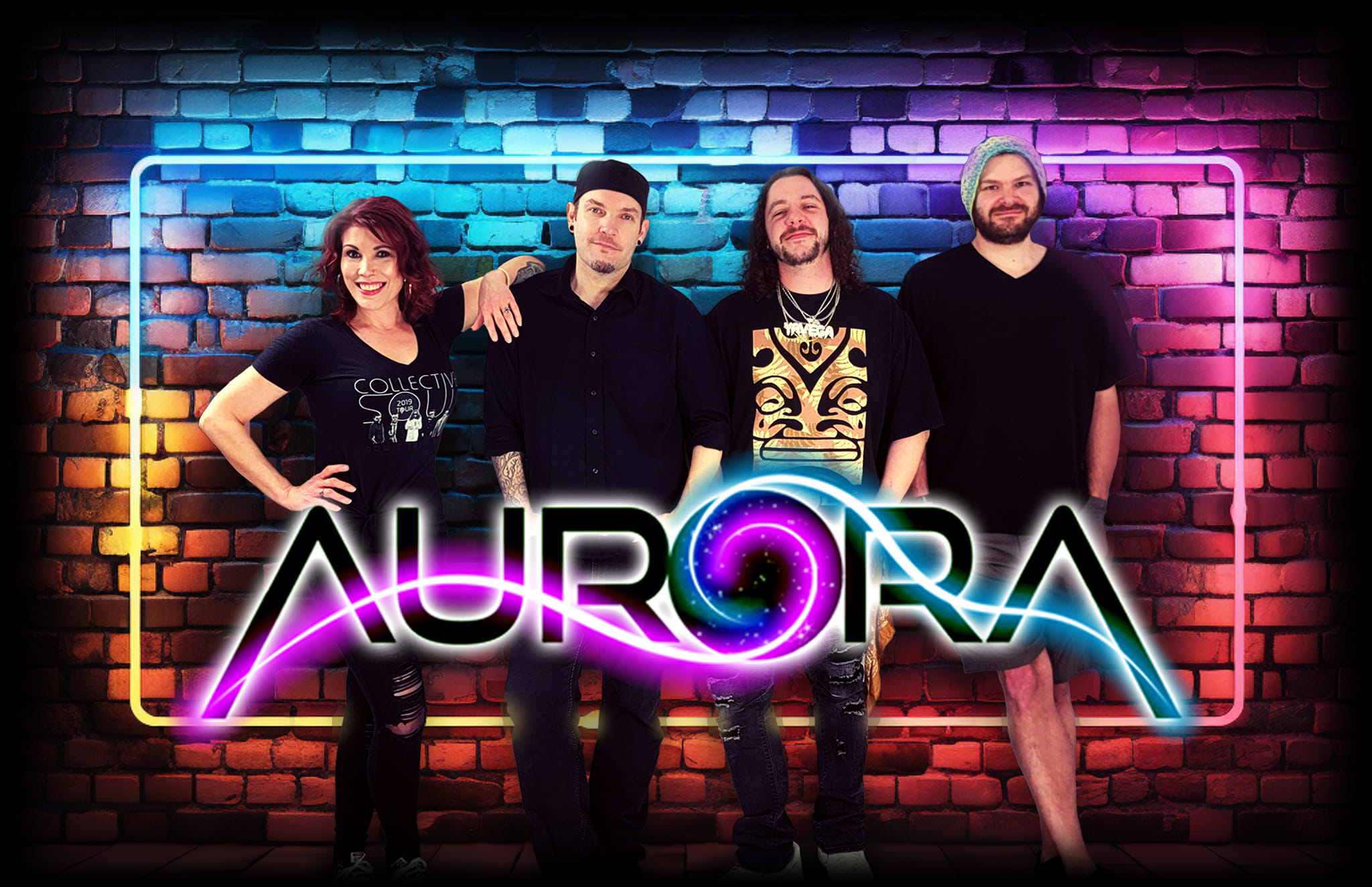 Aurora band posing in front of a brick wall with pink and green lighting, press photo