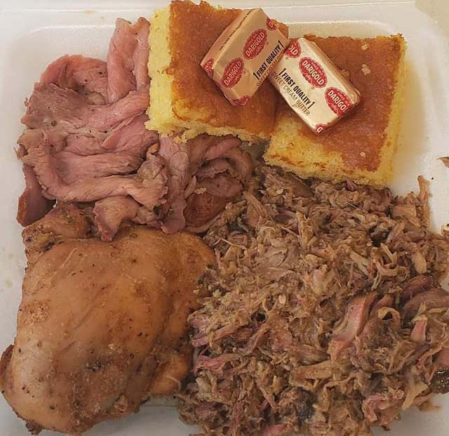Tri Tip, Chicken and Pulled Pork meal served with cornbread
