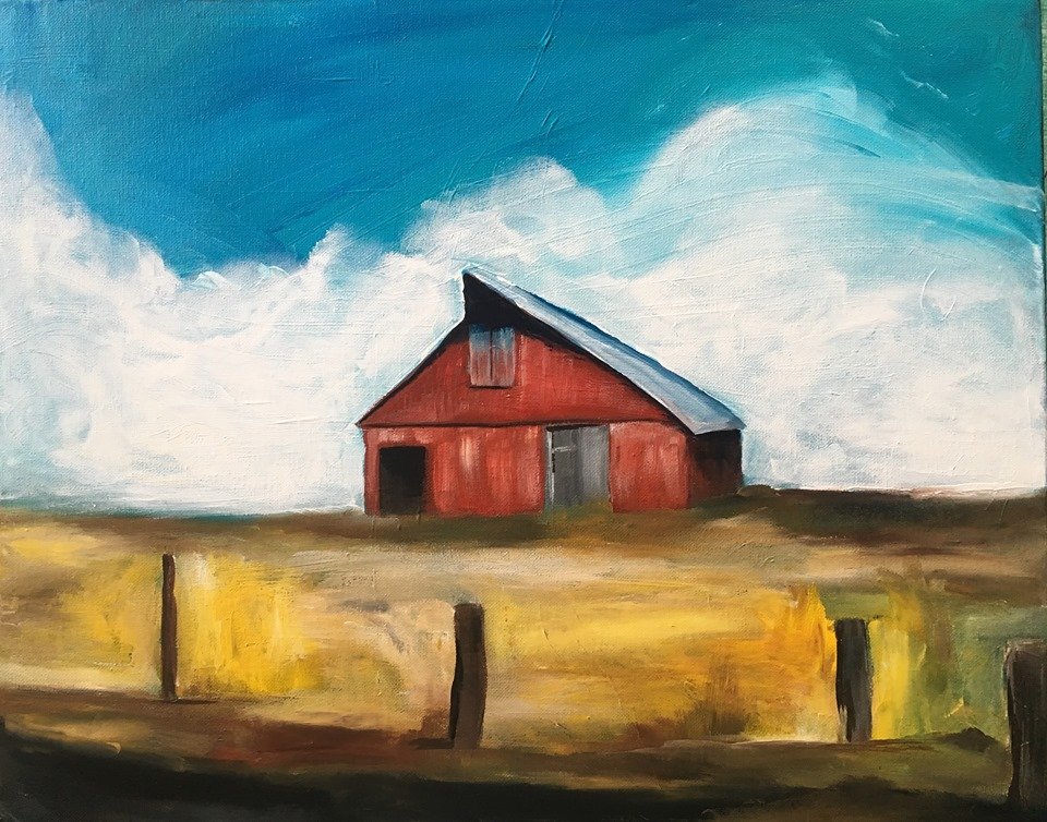 example painting big red barn in a golden field with blue skies