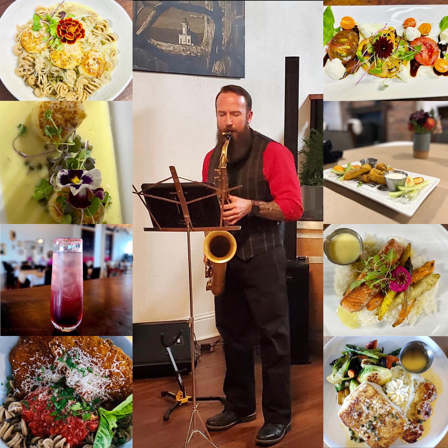photo collage of man playing saxaphone and different plated dinners and appetizers