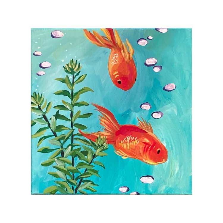example painting two goldfish swimming through some greenery