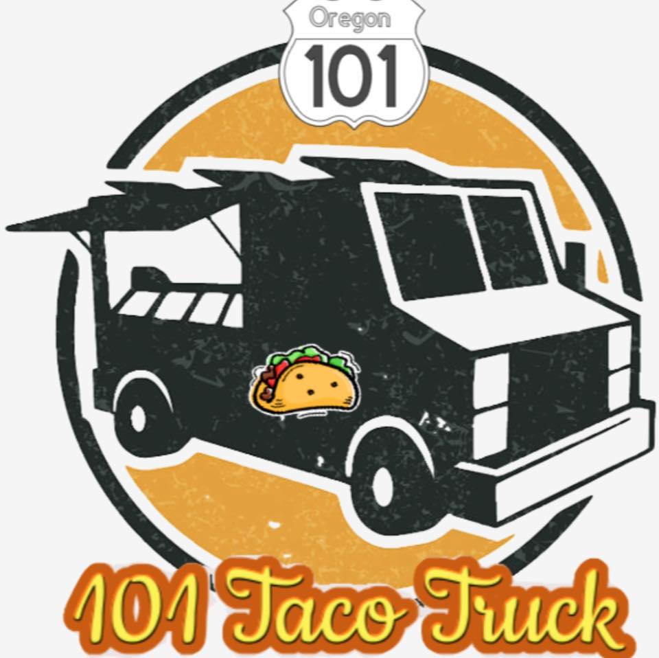 101 Taco Truck logo, graphic food truck in black on an orange background with a n "Oregon 101"  sign