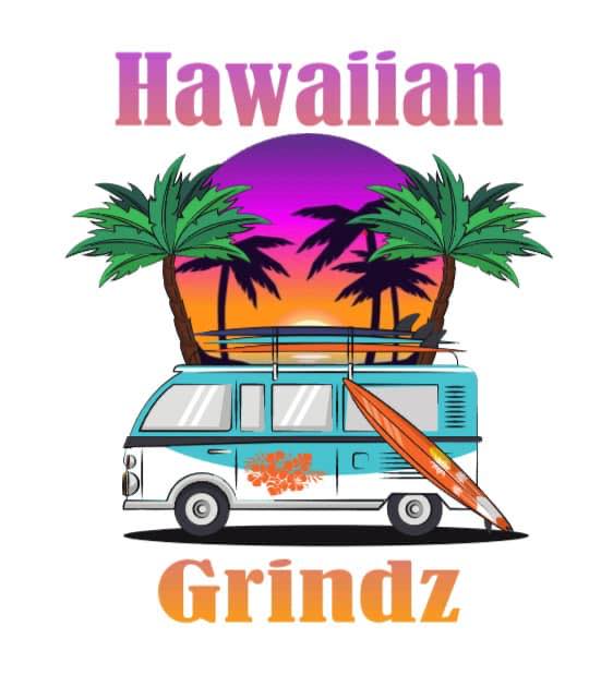 hawaiian grindz logo in bright purple, orange and teal