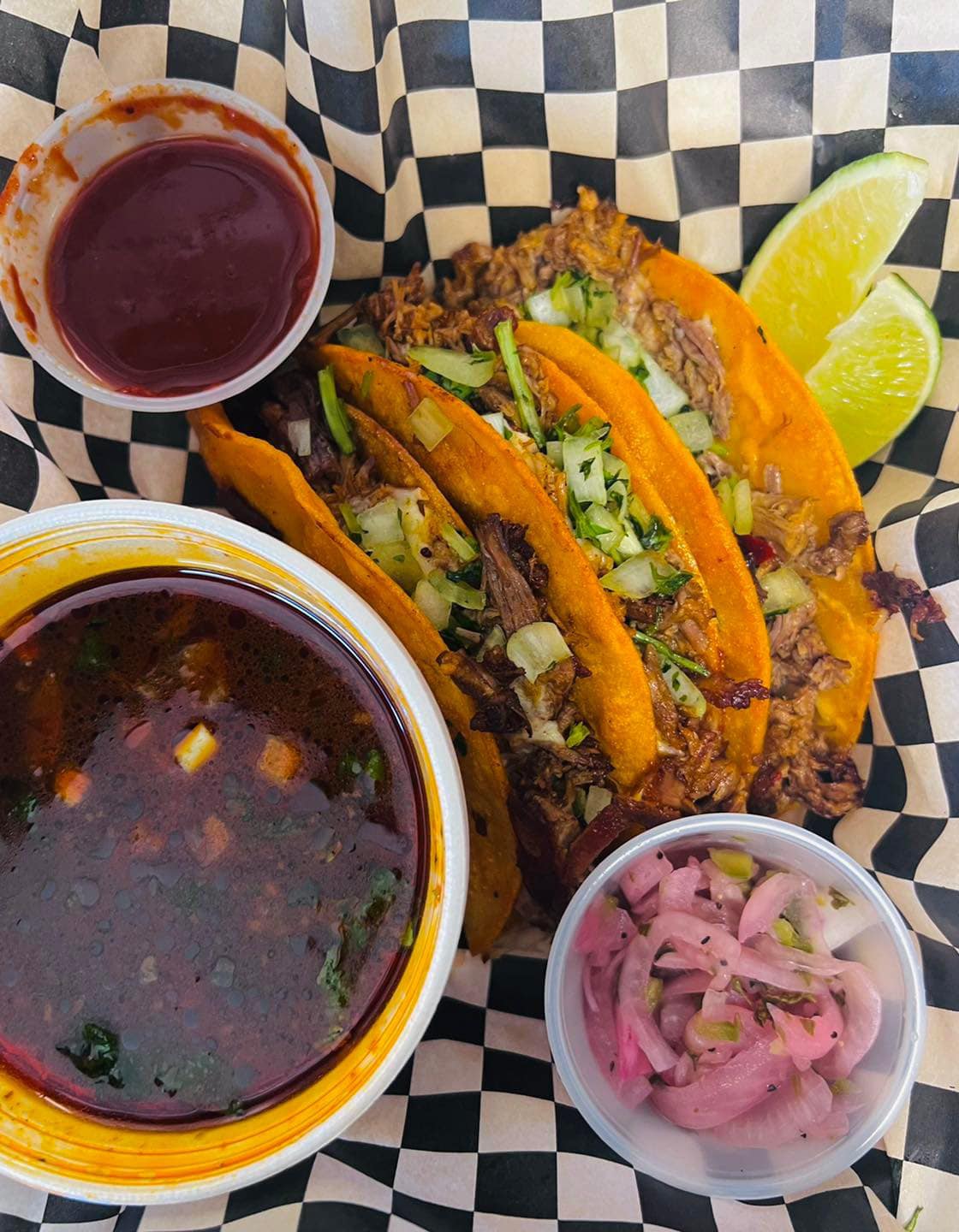 3 tacos, pickled red onion, salsa, and birra broth for dipping