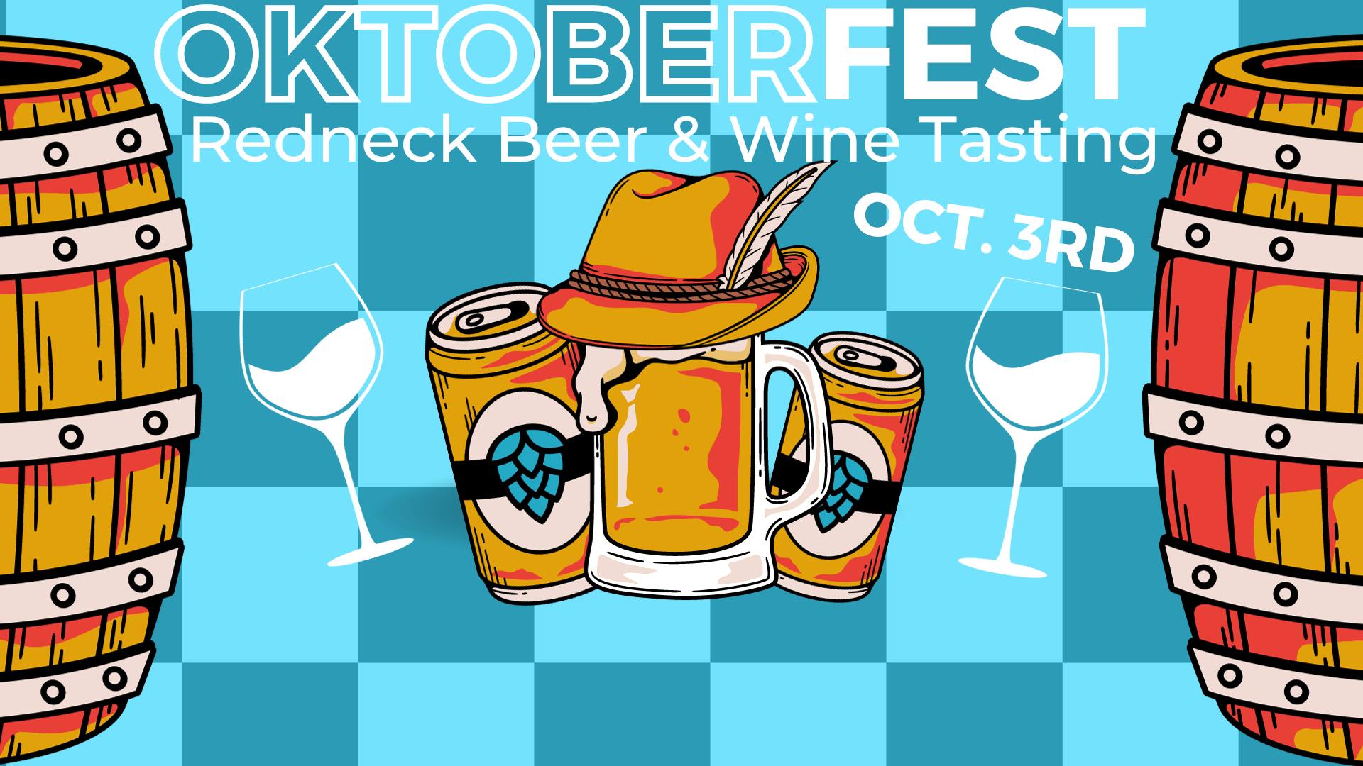 beer barrells on a blue checked background for oktoberfest redneck beer and wine tasting poster