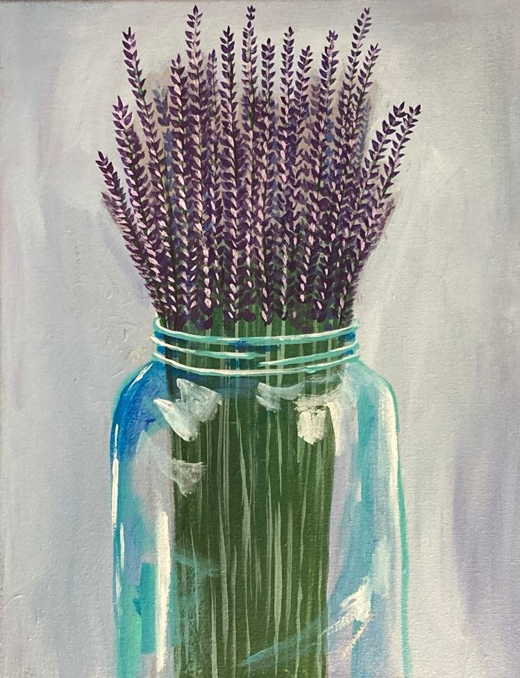 example painting bouquet of purple lavender in a jar on a grey background