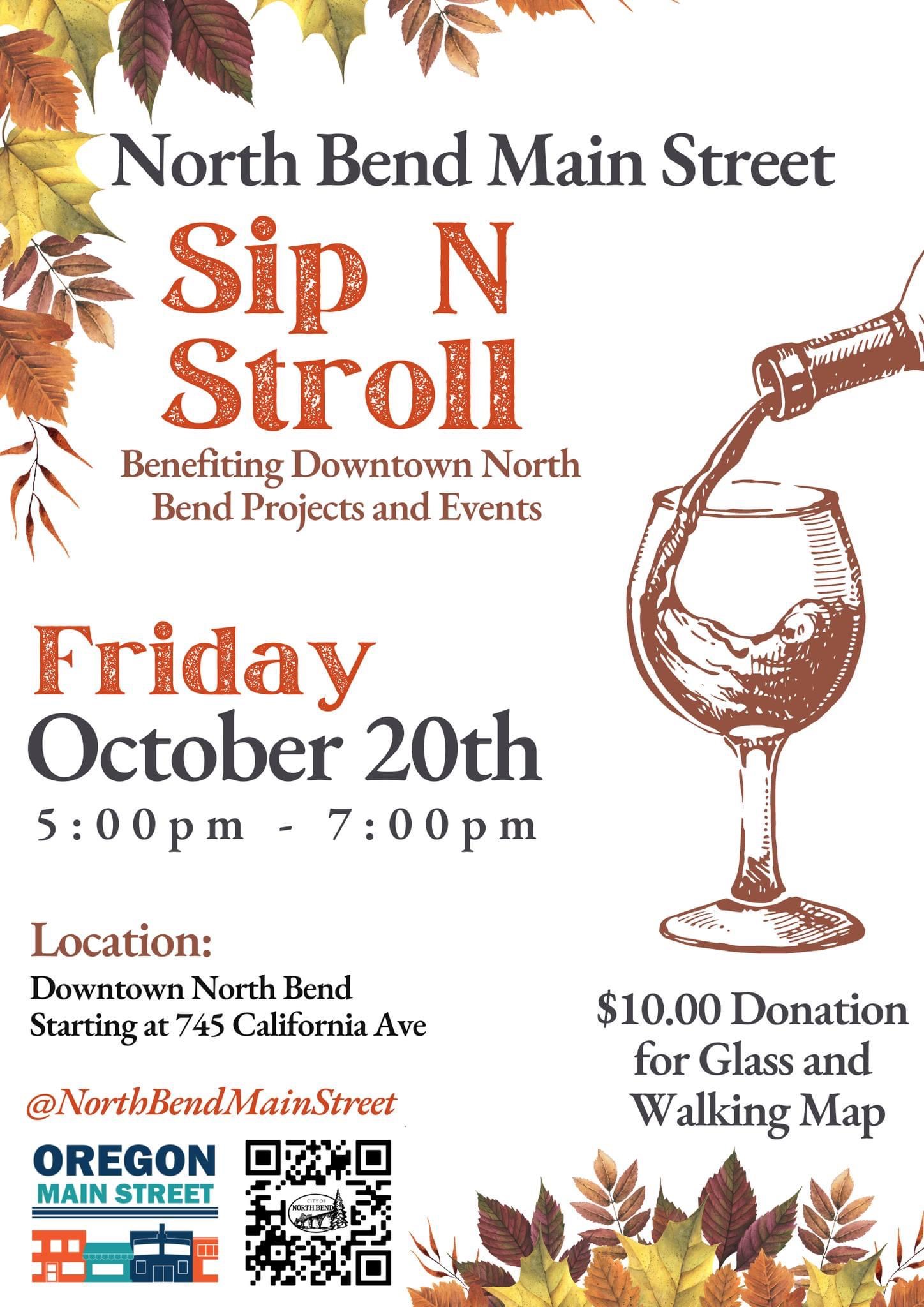 North Bend Sip n Stroll poster for oct 20 2023