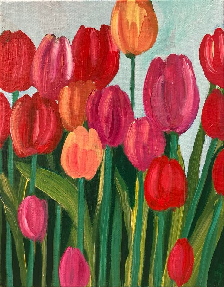 example painting red, pink, yellow and orange tulips on a light blue background