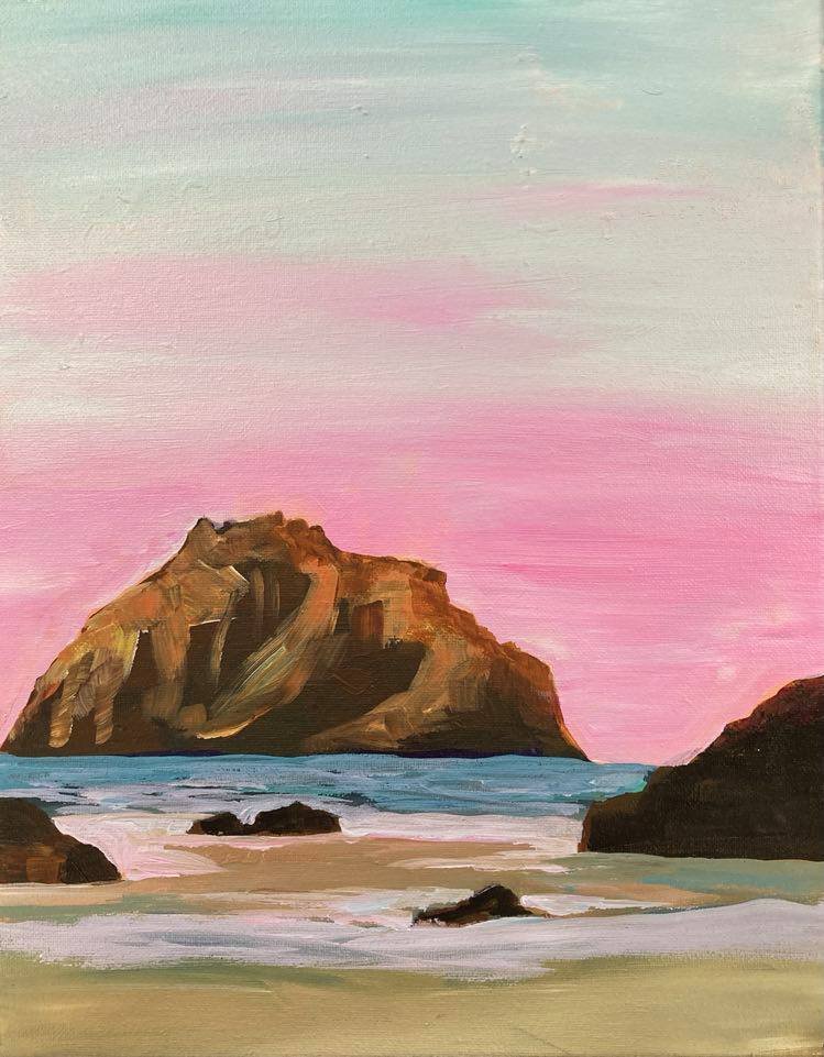 example painting of Facerock with a pink sunset