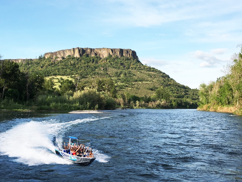Jet boat on blue river with green trees
