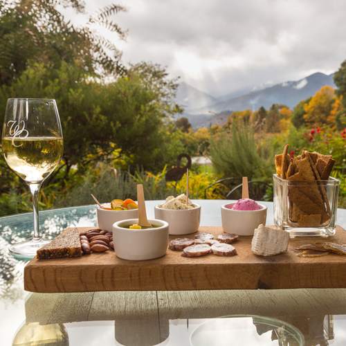 charcuterie platter on tray with wine glass to left and mountain view in background