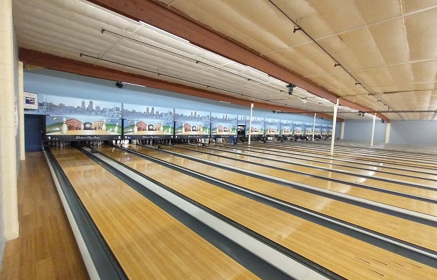 Multiple bowling alley lanes.