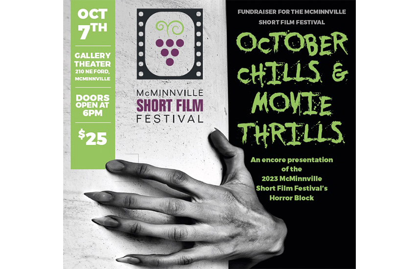 A poster graphic of October Chills & Movie Thrills.  A scary hand reaches around.