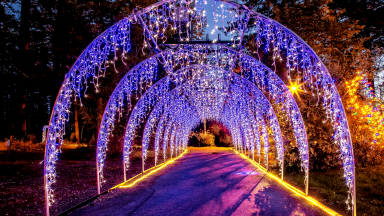 Rainbow shaped tunnel with falling lights, multicolored lights on timer.