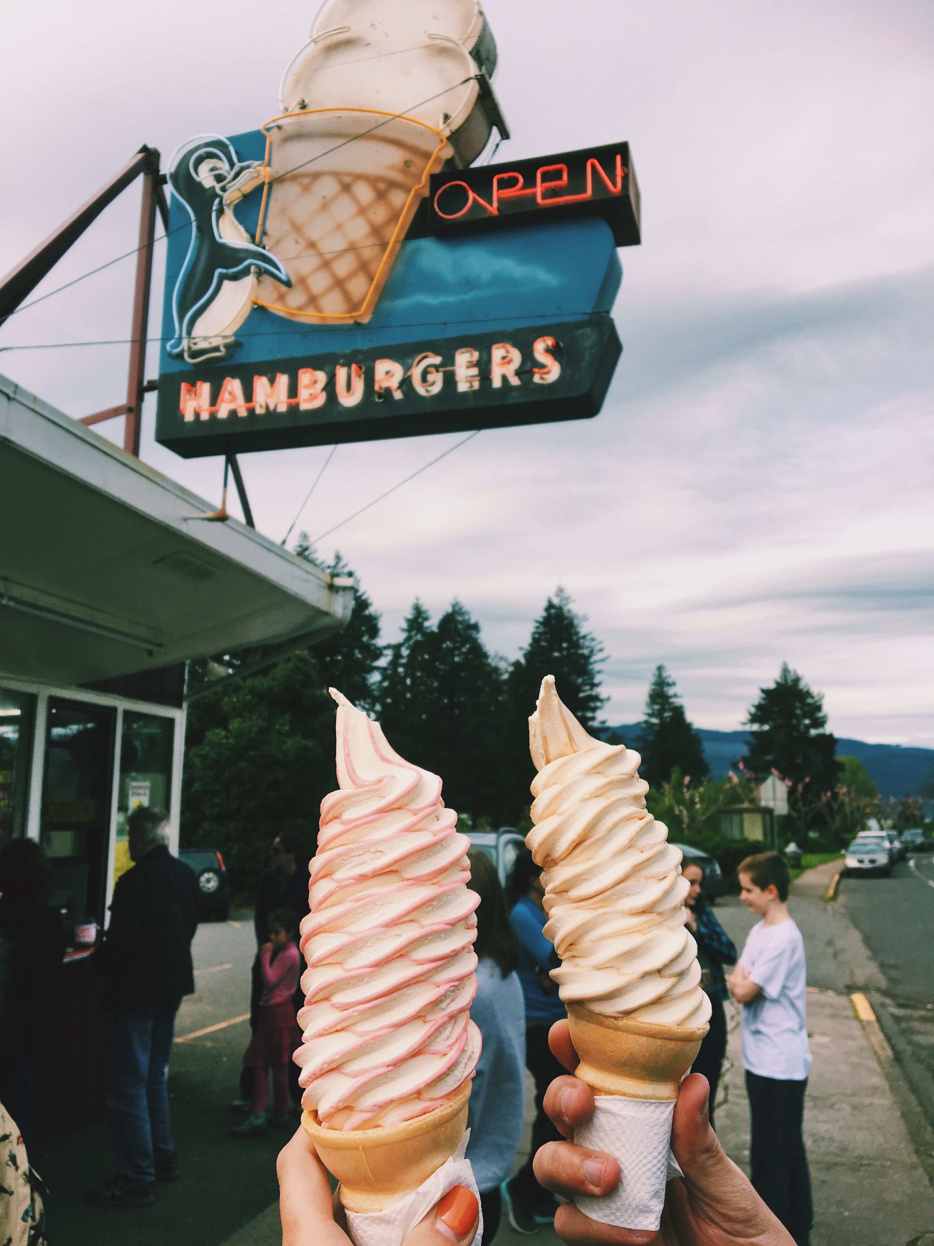 Two large ice creams at the East wind sign
