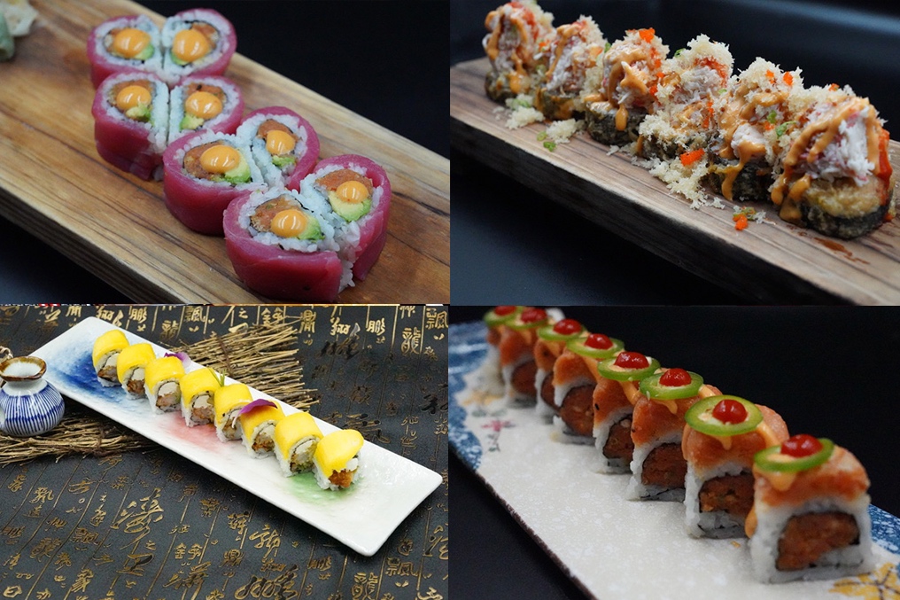 4 different colorful sushi roll varieties
