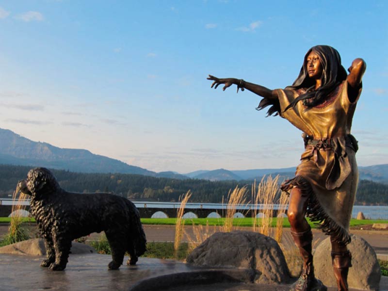 Bronze sculpture of Sacagawea and Dog Seaman