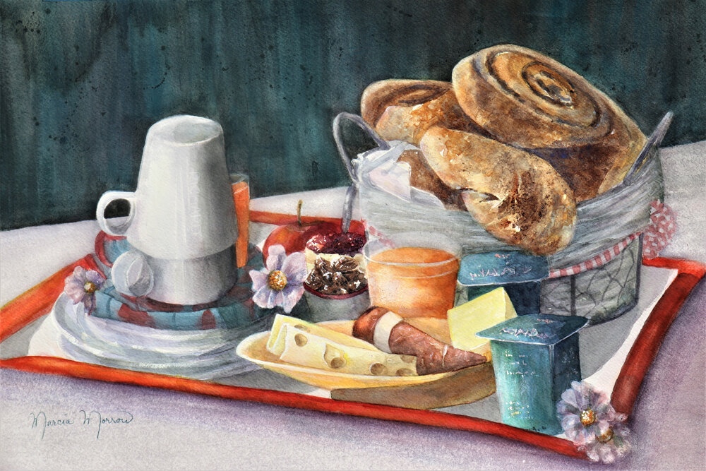 Painting of cinnamon rolls, cheese, cups