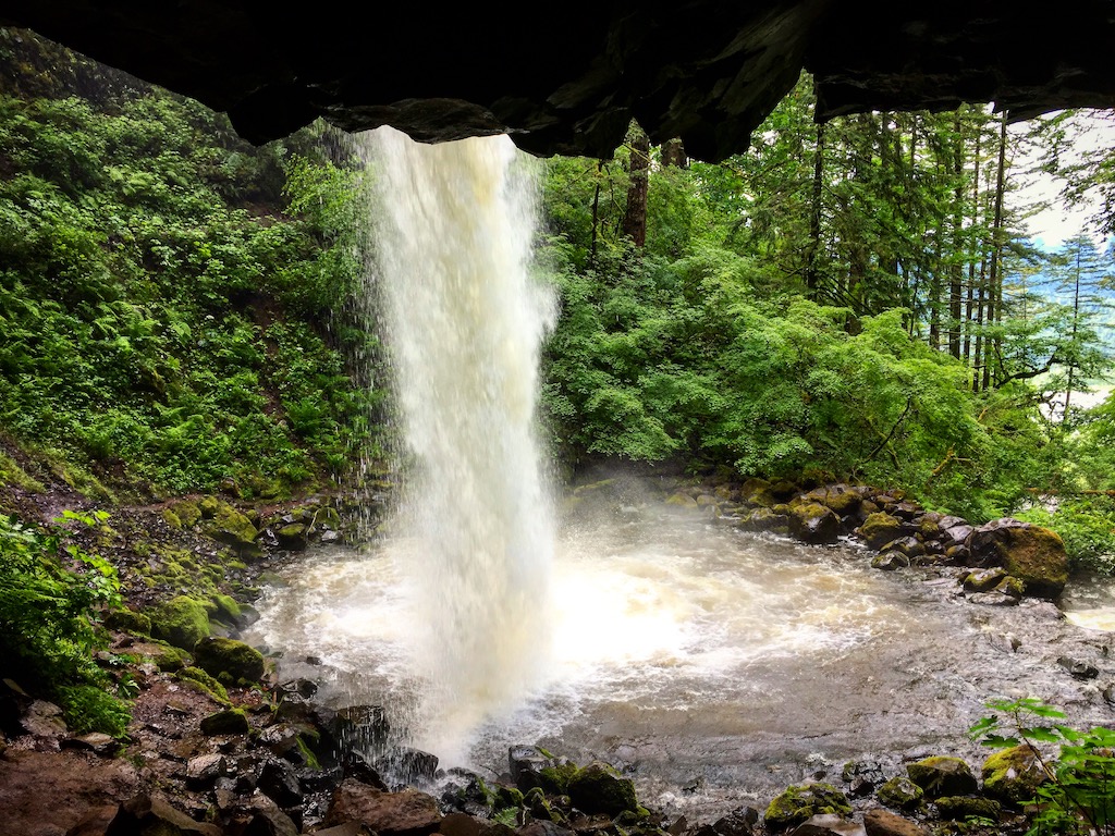 view from underneath the waterfall