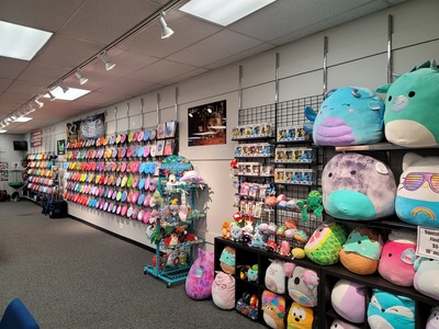 Inside Discs & Dice retail store where discs and toys are shown along the wall