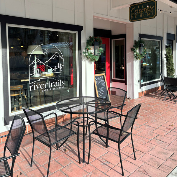 Outdoor patio seating at cafe located inside furniture store