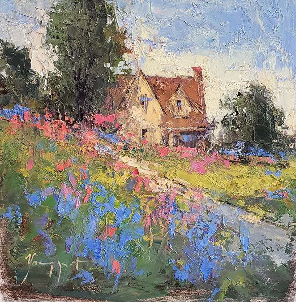 Farm house with lavender in foreground painting