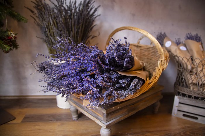 Basket of Lavender on wooden stand