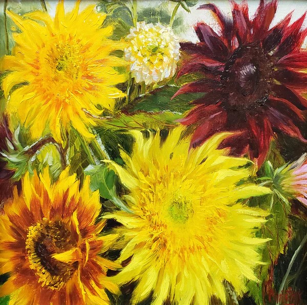 August Sunflowers and Dahlias by Christine Joy Swanson