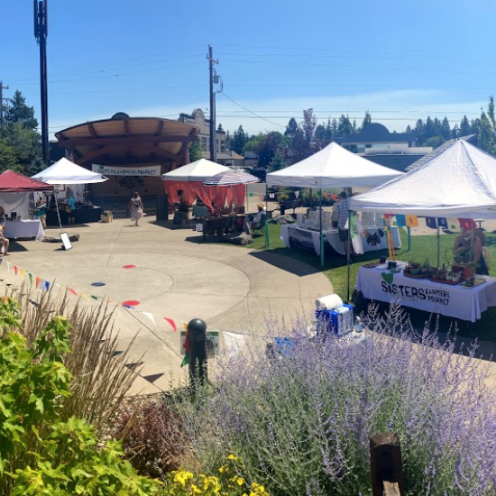 air view of booths at farmers market