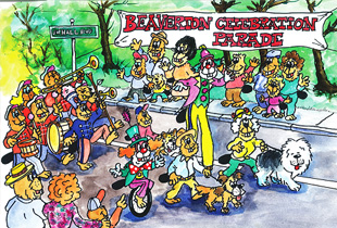 Cartoon parade with clowns, musicians, and spectators.