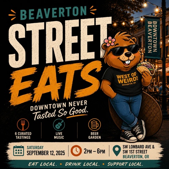 Poster for the event with an illustrated beaver eating a taco