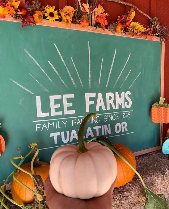 A green chalk board sign for Lee Farms with two pumpkins in front of it.