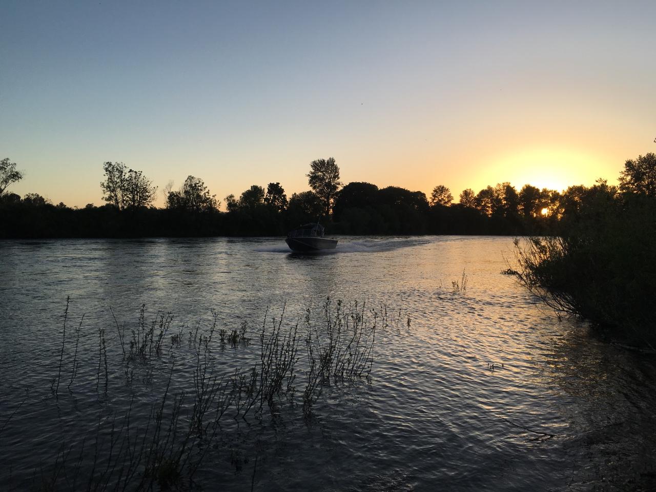 A sunset falls behind a jetboat driving on a river