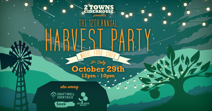 A flyer for 2 Towns Ciderhouse's 12th Annual Harvest Party on October 29th.