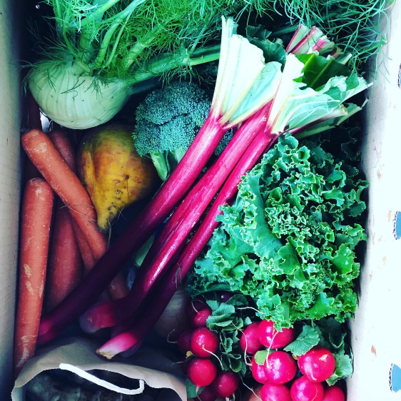 A box full of different types of veggies including carrots.