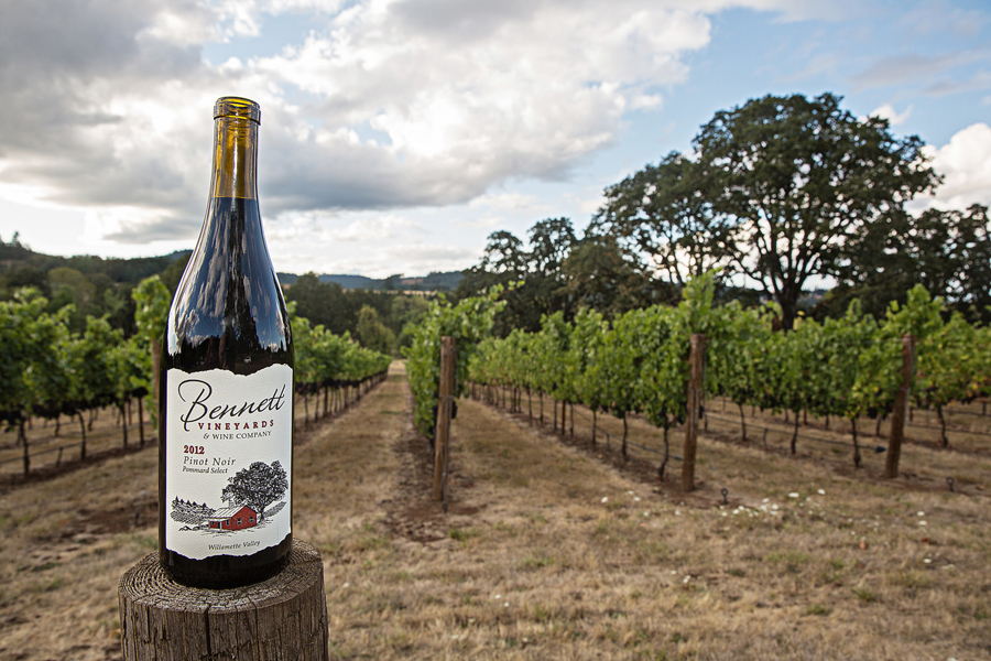 A bottle of wine from Bennett Vineyards sitting on a post in a grape orchard