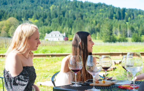 People enjoying wine and food outdoors.