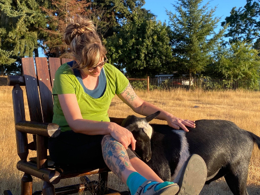 A women sitting in a wooden chair petting a goat.