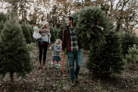 A man carrying a christmas tree with his wife and kids following him.