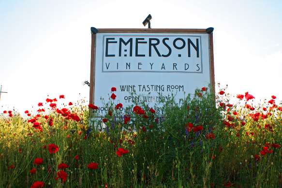 Roadside sign for Emerson Vineyards with red flowers in front.