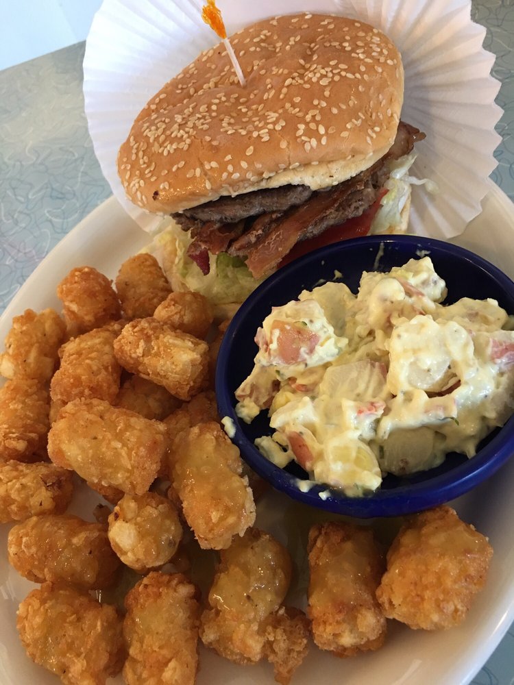 Burger, Tots, and Potato Salad