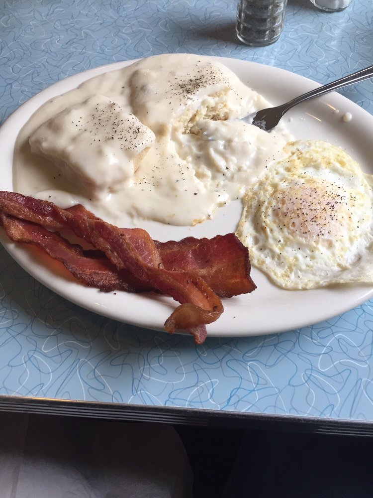 Eggs and bacon with biscuit and Gravy