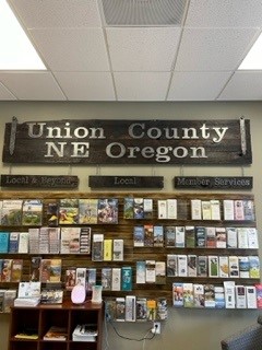 display of brochures under a sign reading Union County NE Oregon