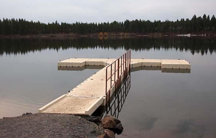 dock on lake with evergreen trees in the distance